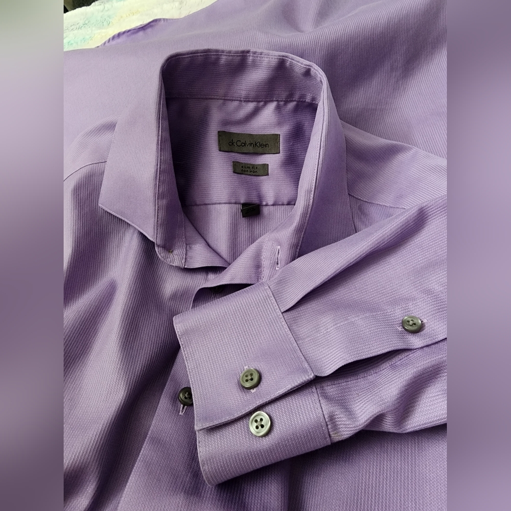 Calvin Klein Purple Dress Shirt Slim Fit No Iron Size 16 36/37 Tall